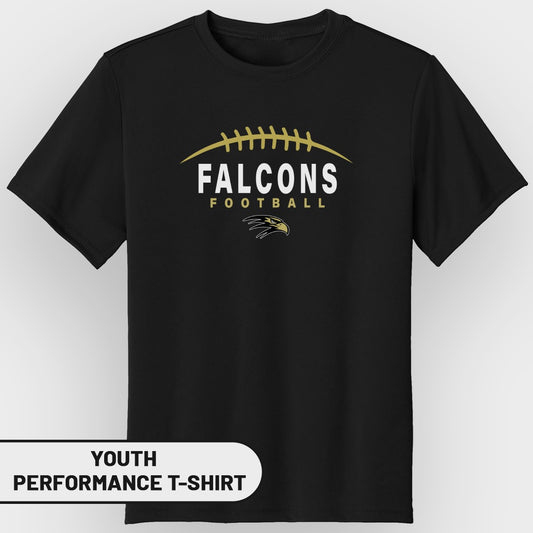 Black youth performance t-shirt with white "FALCONS FOOTBALL" text and eagle graphic.