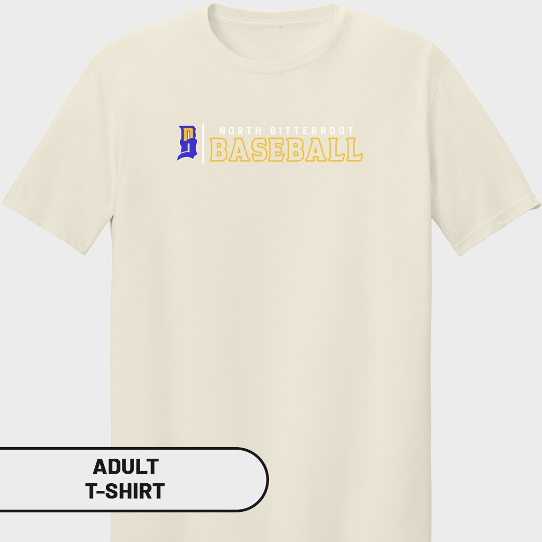 Cream adult t-shirt with "NORTH BITTERROOT BASEBALL" logo.