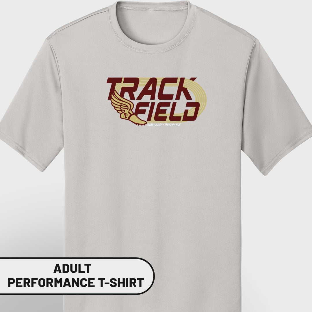 Adult performance t-shirt with "Track Field" graphic and running shoe with wings.