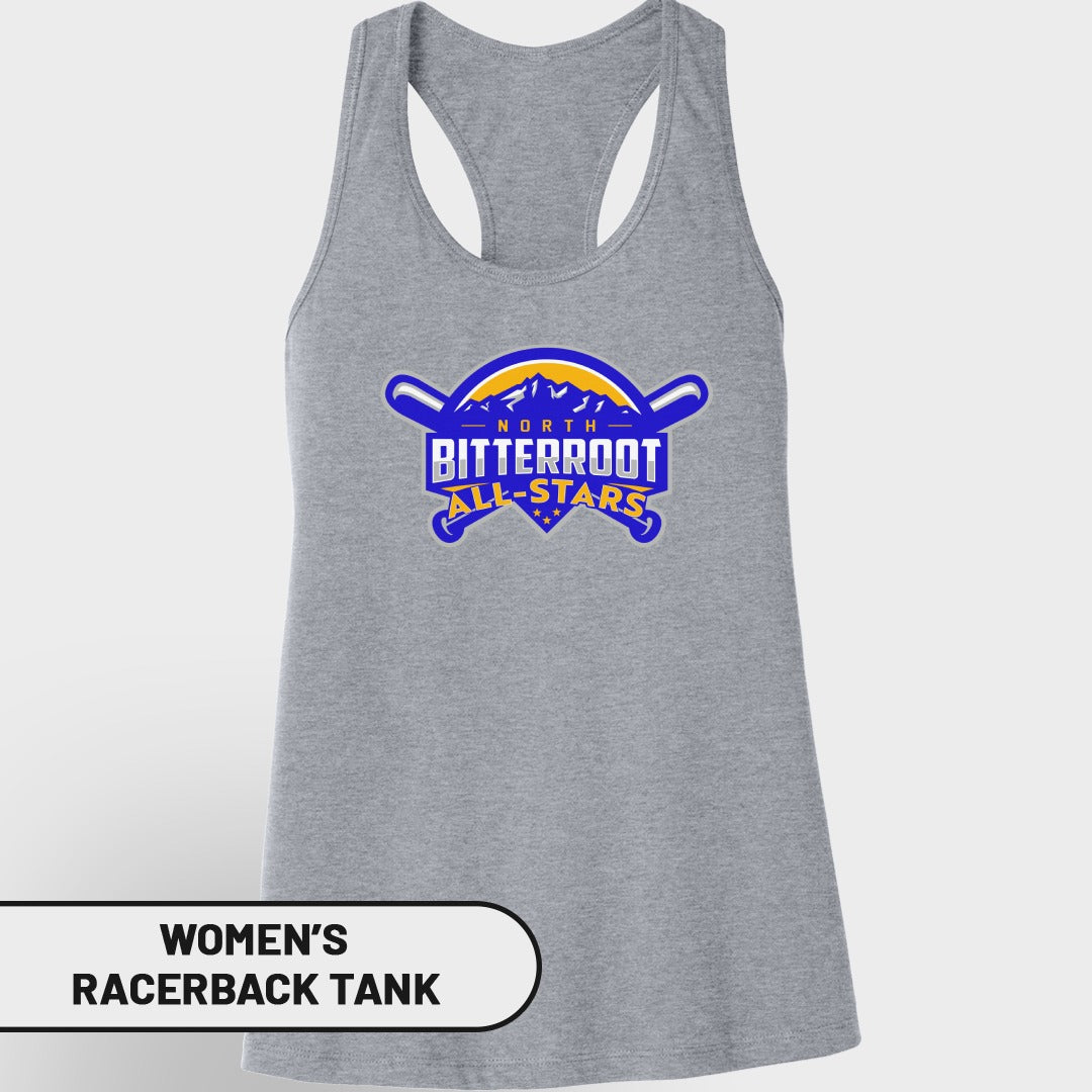 North Bitterroot All-Stars logo on a gray women's racerback tank top.