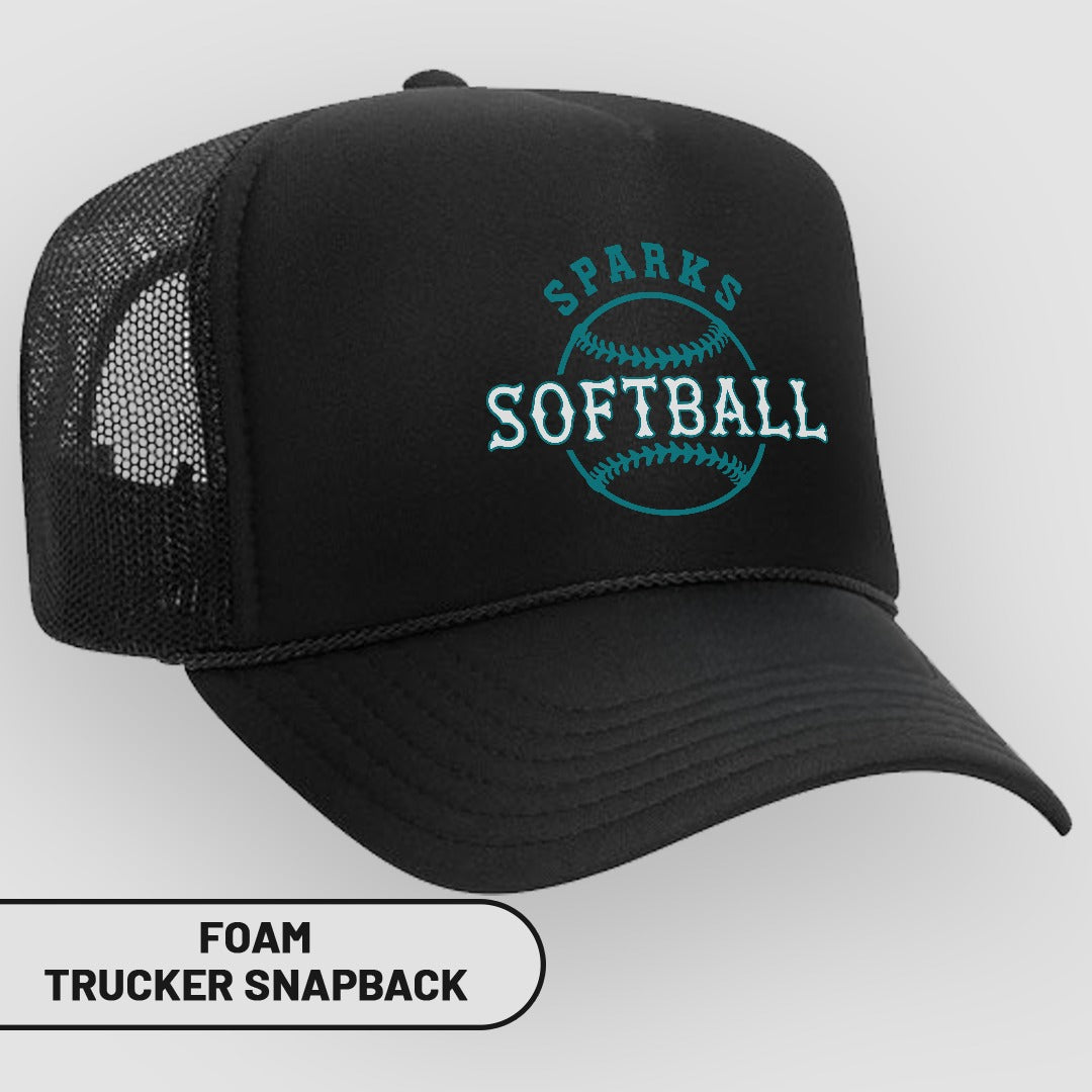 Black foam trucker snapback cap with "SPARKS SOFTBALL" text.