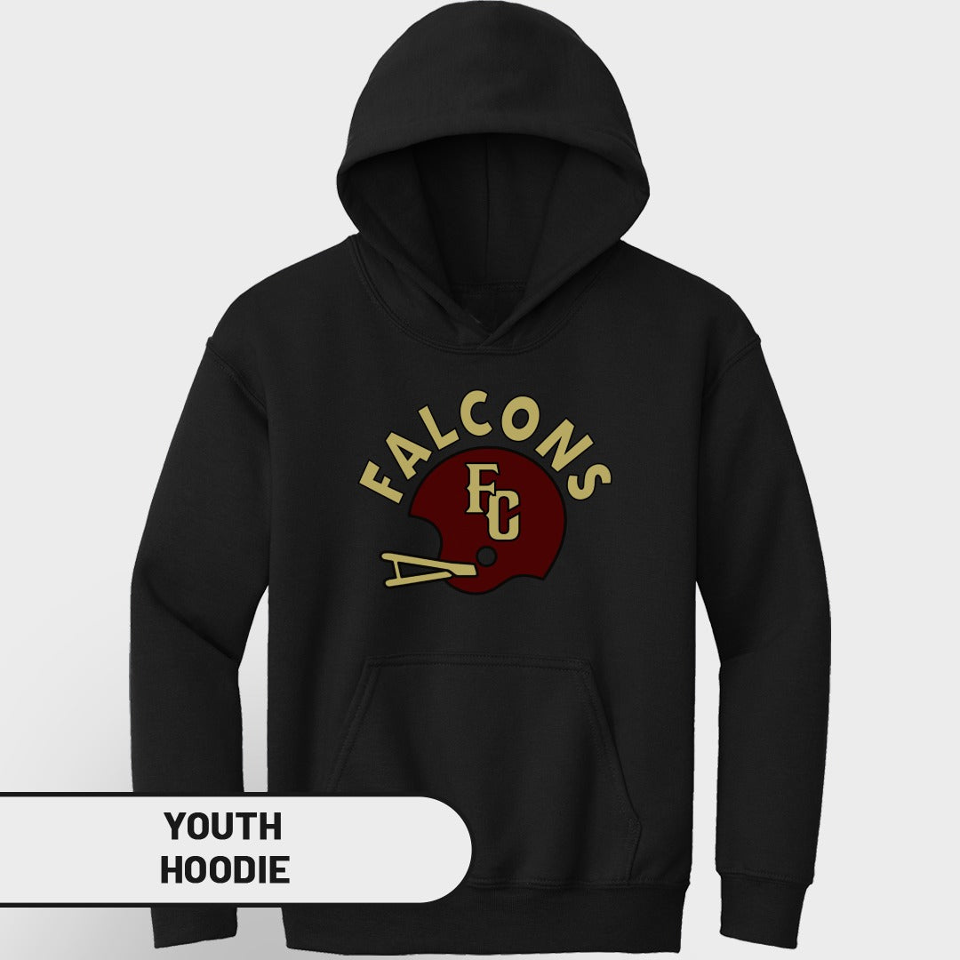 Black youth hoodie with "FALCONS FC" text and helmet graphic.