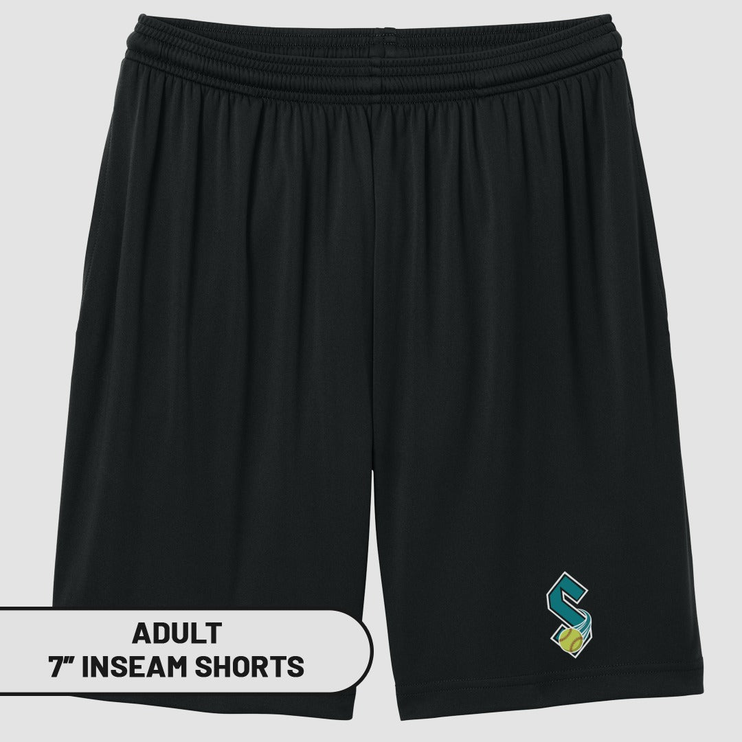Black adult athletic shorts with "S" logo and "7" inseam.