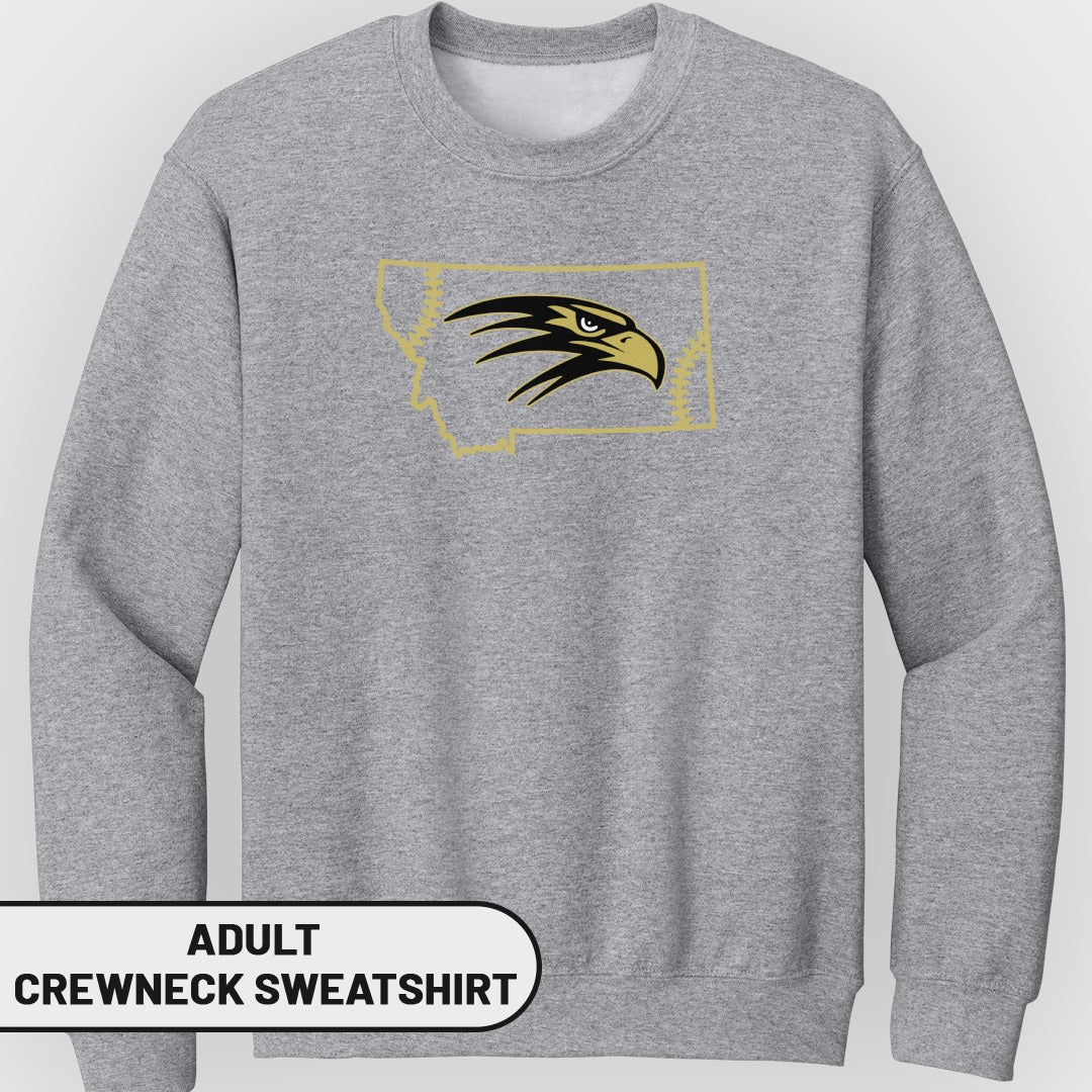 Grey adult crewneck sweatshirt with Montana outline and gold eagle head logo.