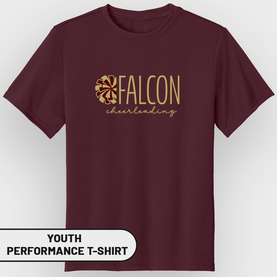 Maroon youth performance t-shirt with gold "FALCON cheerleading" text and graphic.