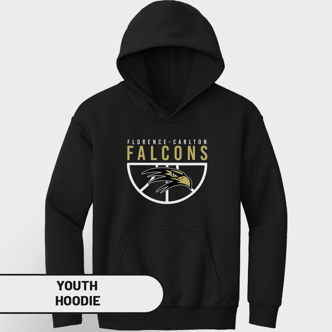 Black youth hoodie with Florence-Carlton Falcons logo on the front.