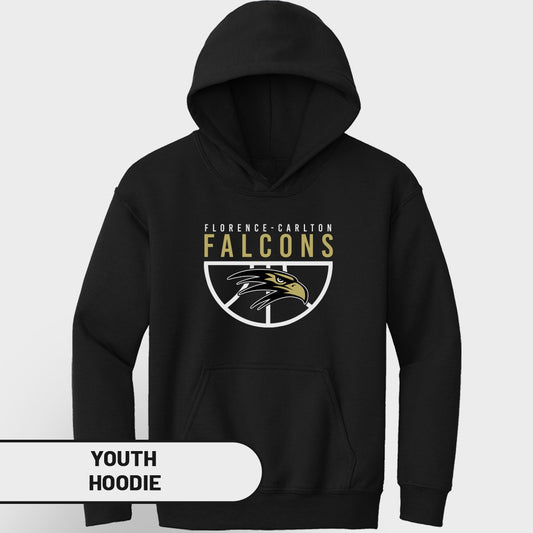 Black youth hoodie with Florence-Carlton Falcons logo on the front.