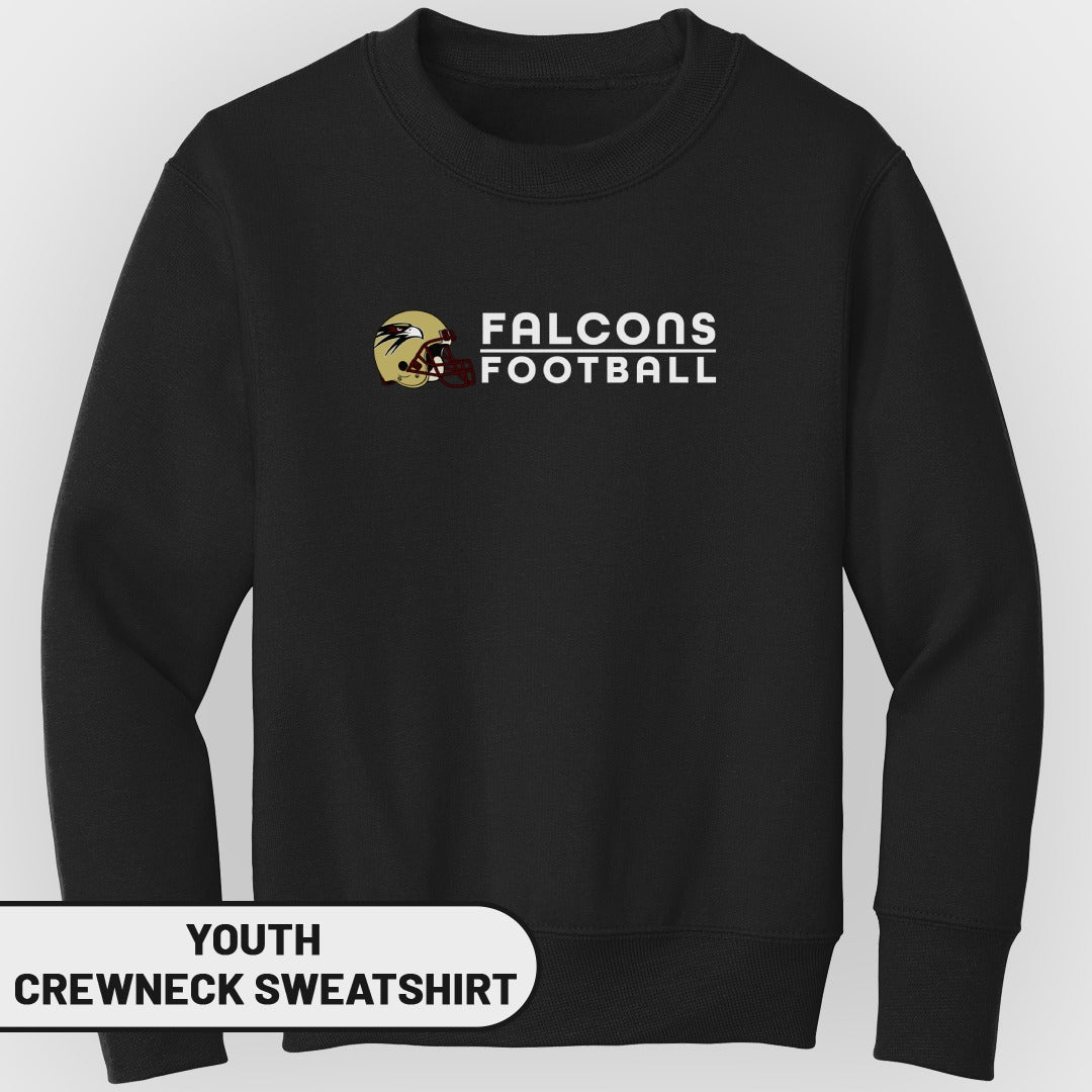 Youth crewneck sweatshirt with "Falcons Football" logo and helmet graphic.