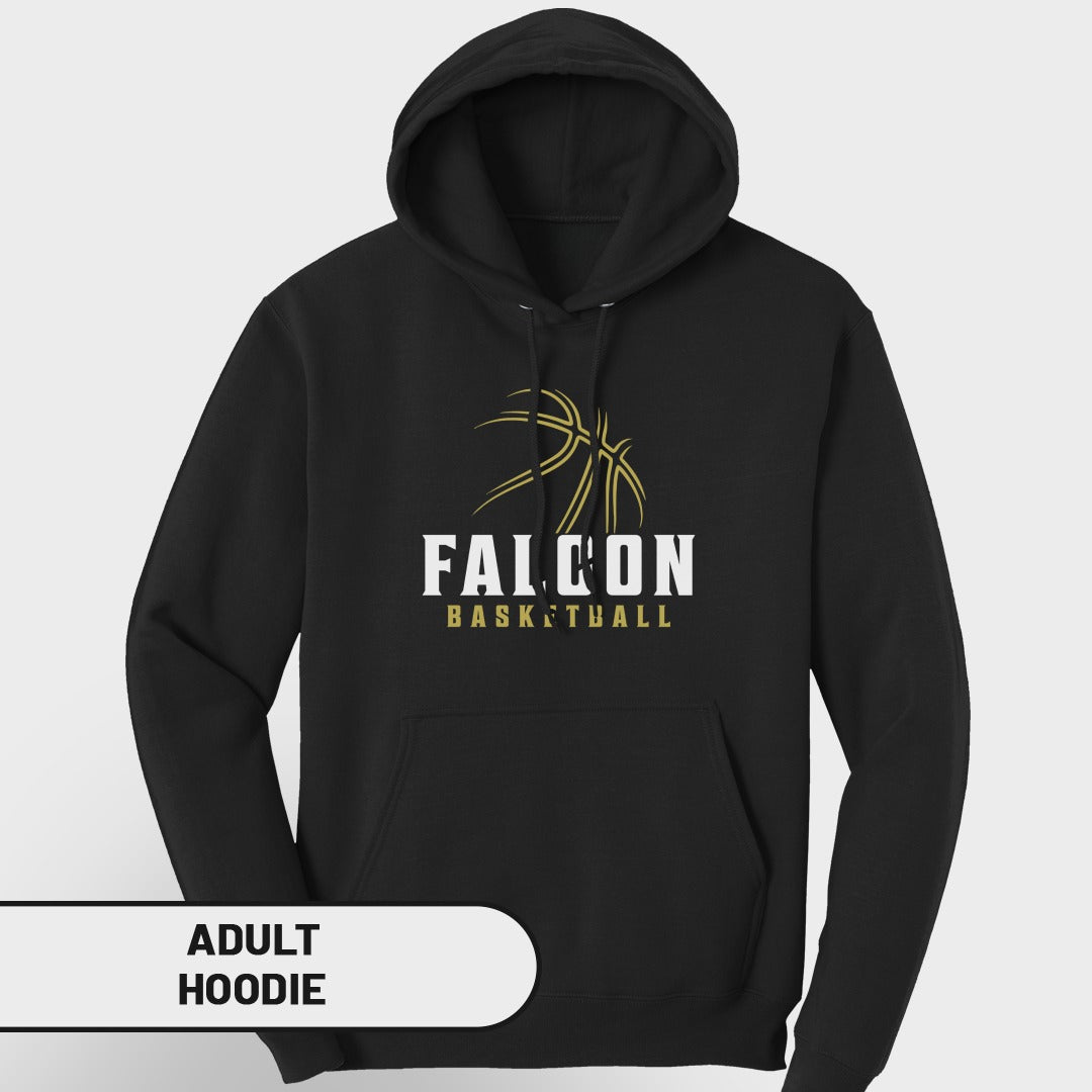 Black adult hoodie with "FALCON BASKETBALL" text and basketball graphic.
