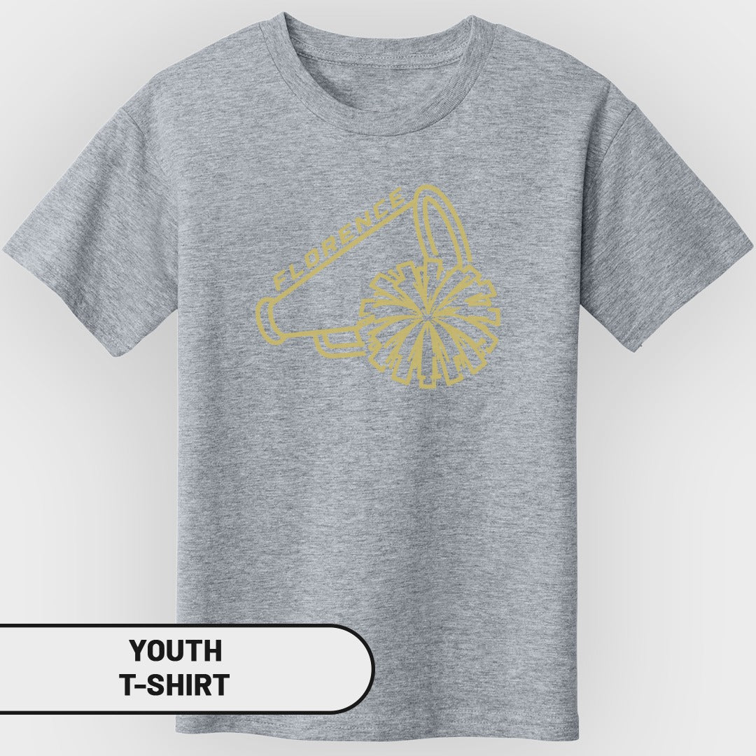 Grey youth t-shirt with gold cheerleading megaphone and pom-pom graphic.