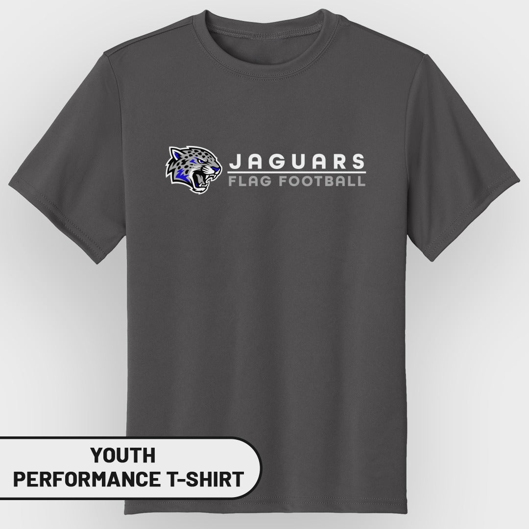 Dark grey youth performance t-shirt with Jaguars Flag Football logo.