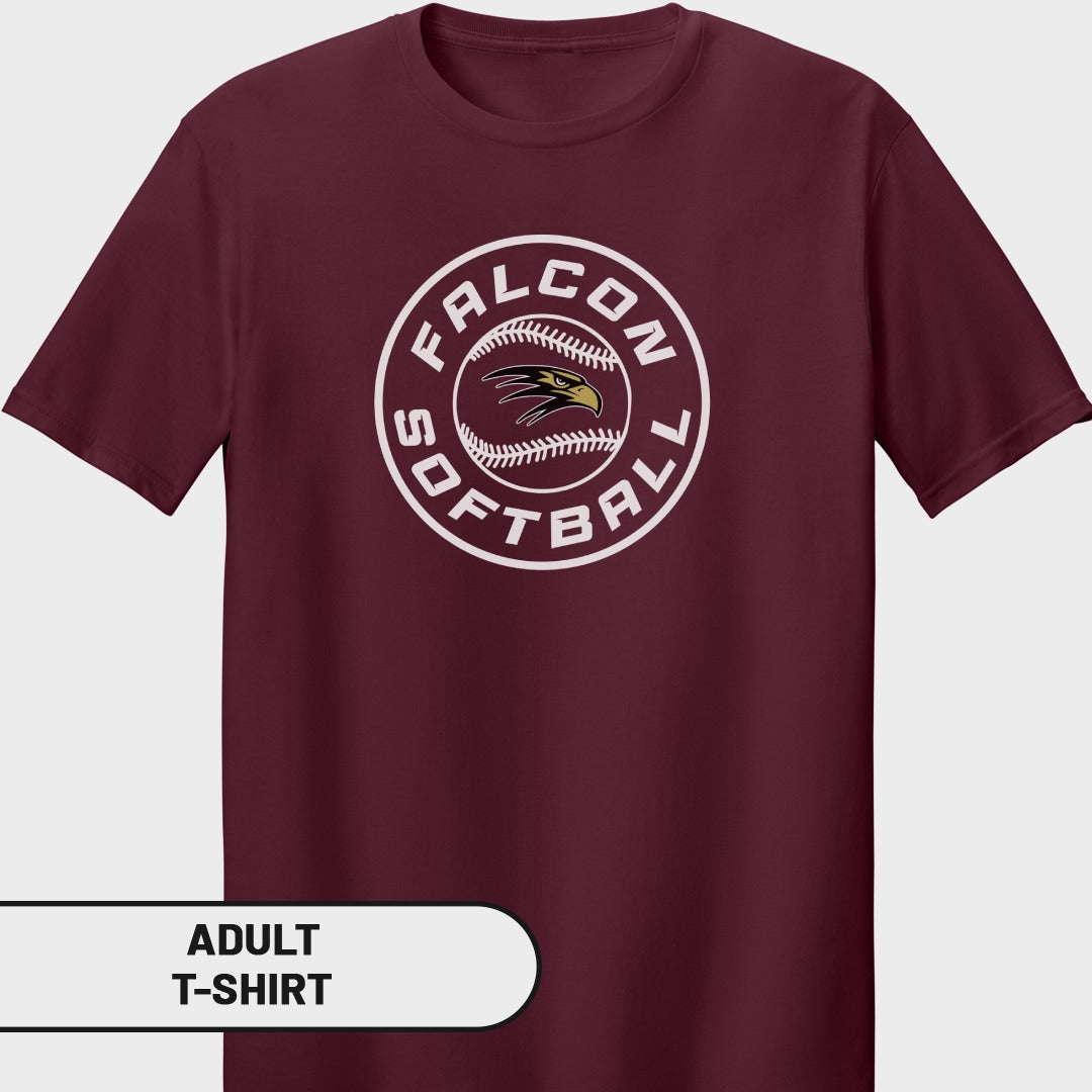 Maroon adult t-shirt with white circular falcon softball graphic.
