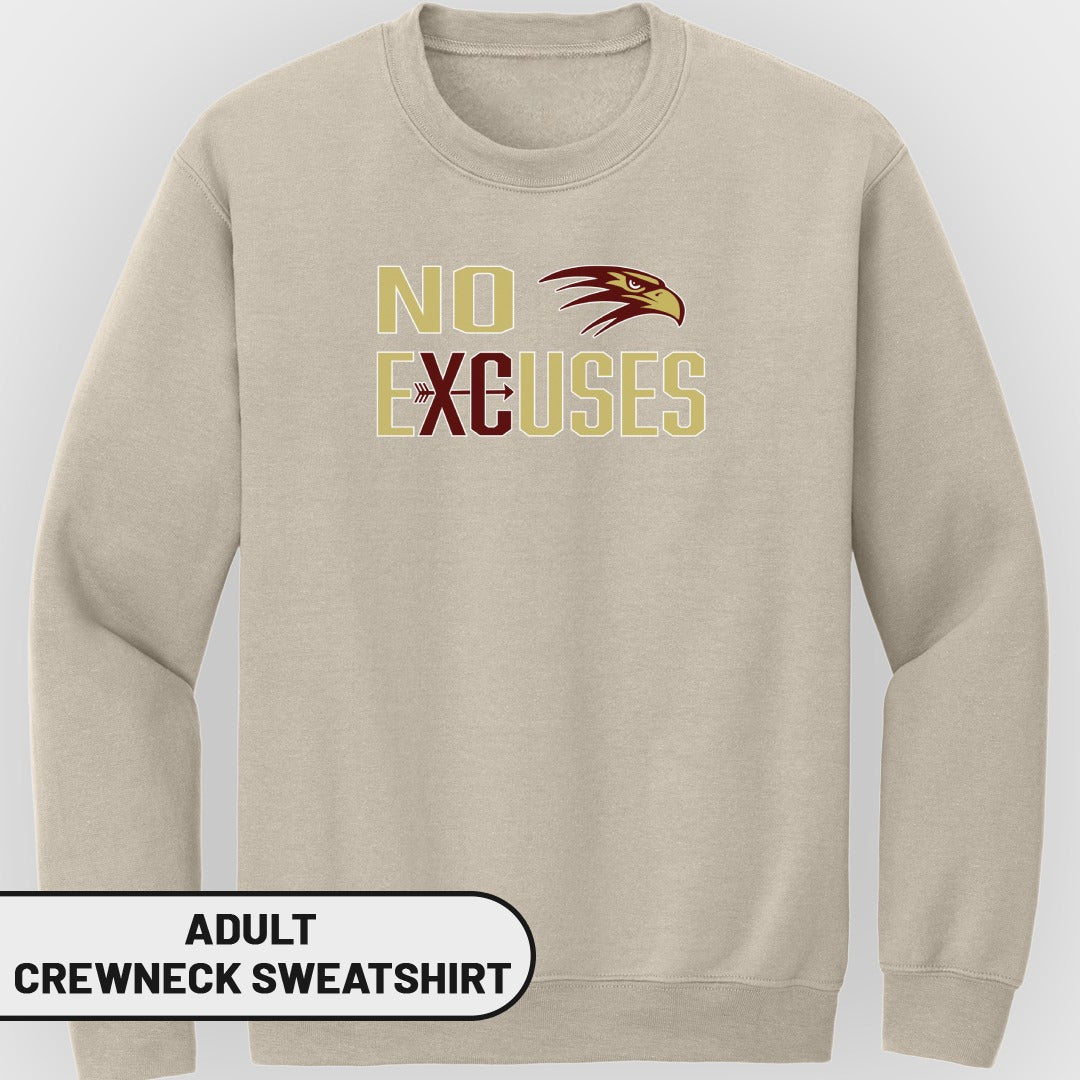 Light beige adult crewneck sweatshirt with "NO EXCUSES" graphic and eagle head.