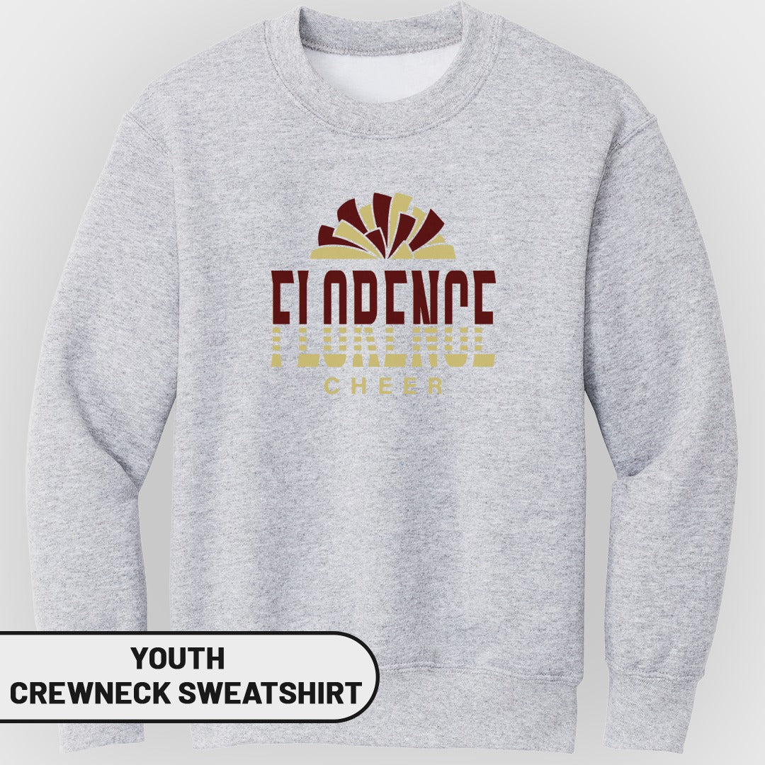 Grey youth crewneck sweatshirt with "Florence Cheer" text and a maroon and gold fan graphic.