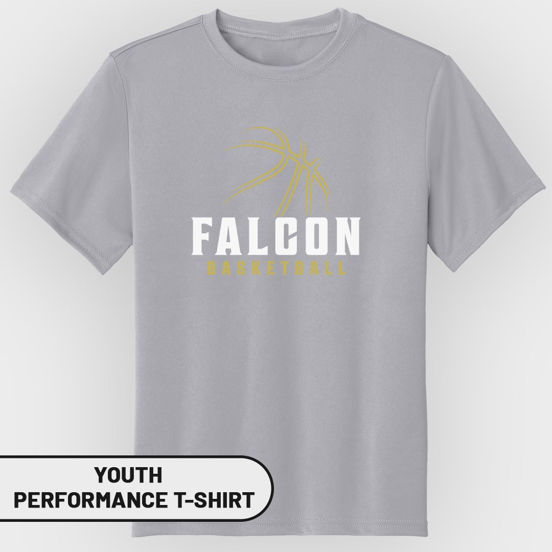 Grey youth performance t-shirt with Falcon Basketball logo and basketball graphic.