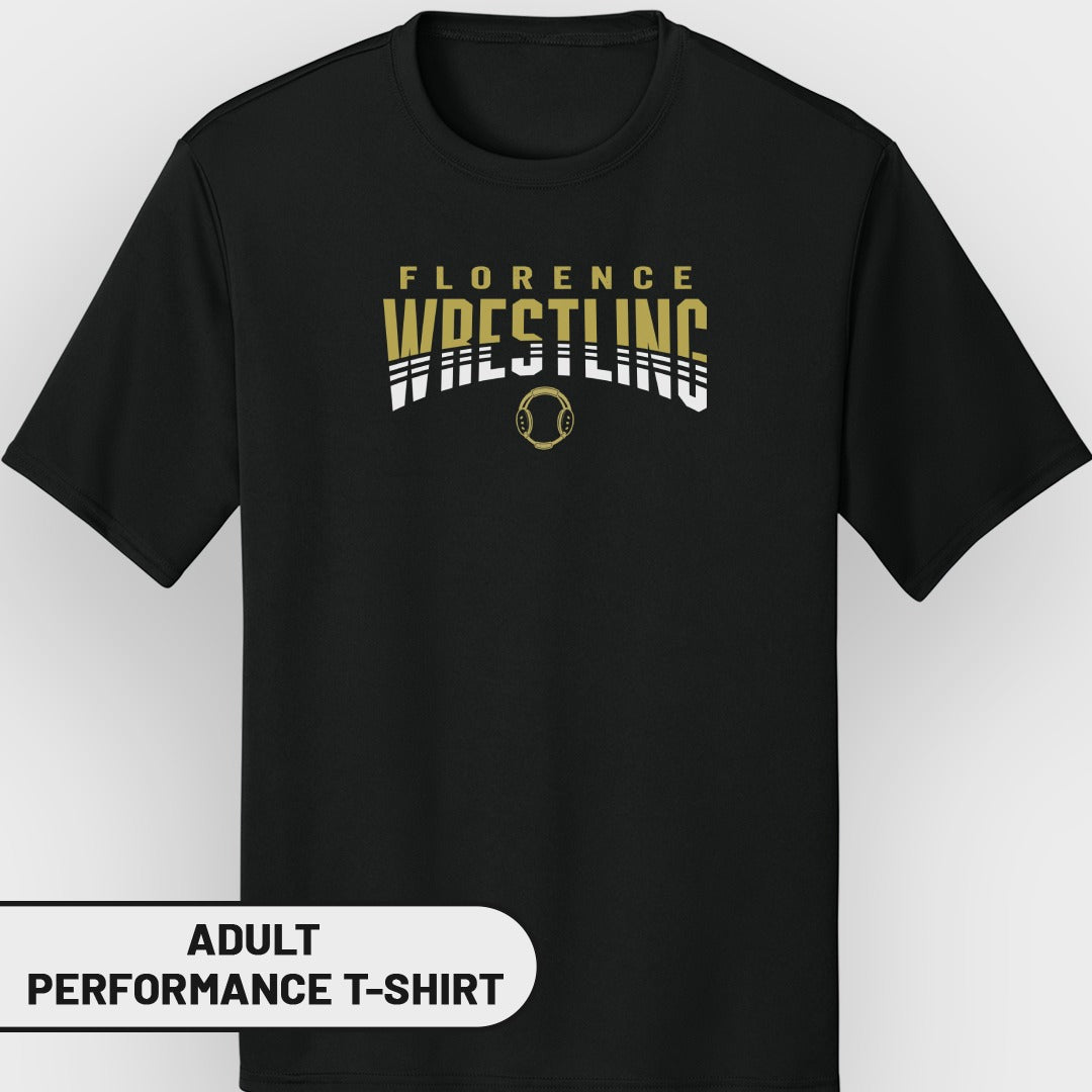 Black adult performance t-shirt with gold and white Florence Wrestling graphic.