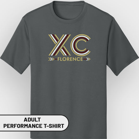 Adult performance t-shirt with "XC Florence" graphic in maroon, gold, and white.