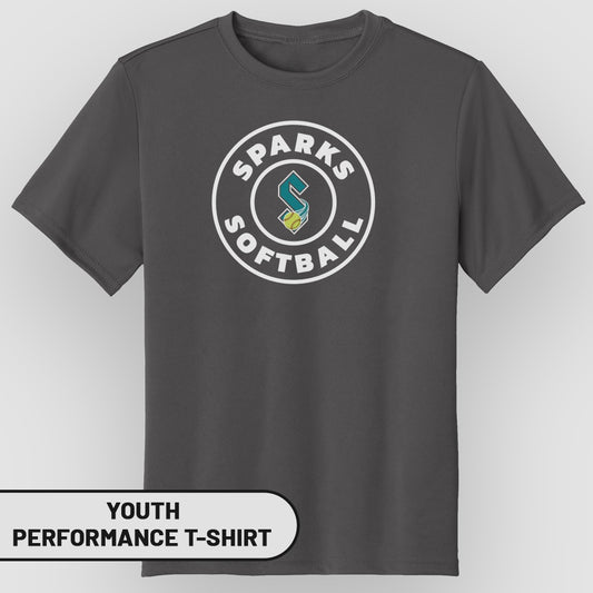 Youth performance t-shirt with "Sparks Softball" circular logo.