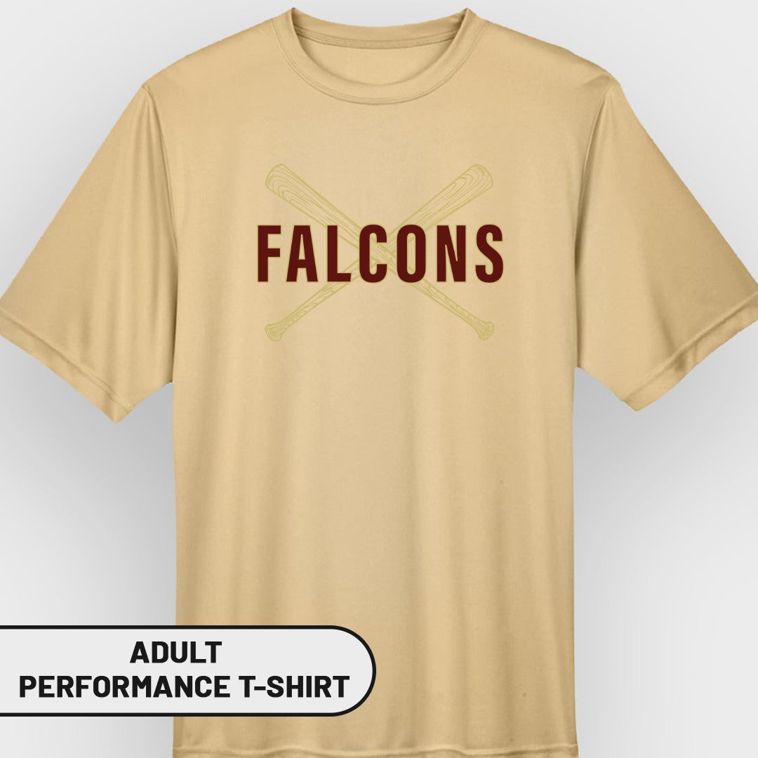 Adult performance t-shirt with maroon "FALCONS" text and crossed baseball bats.