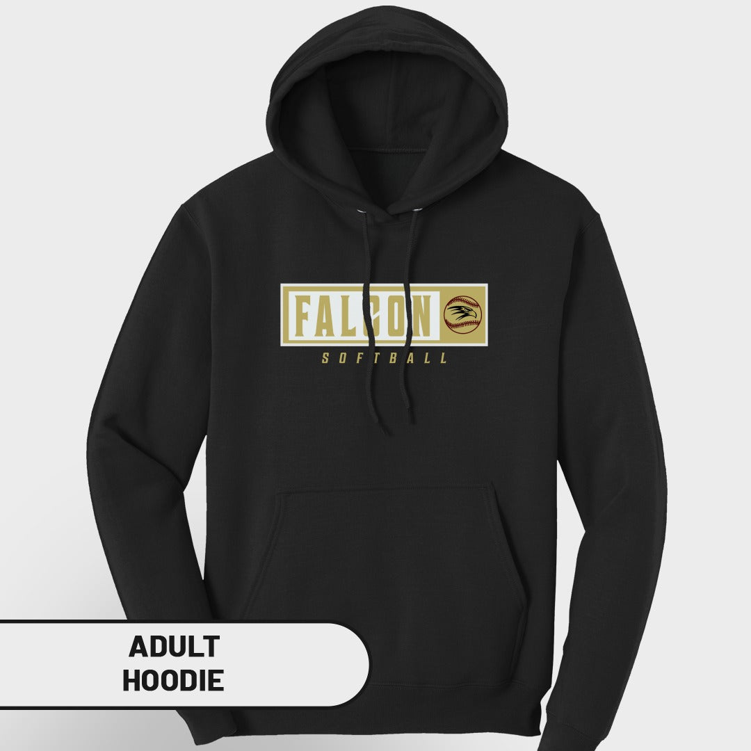 Black adult hoodie with "FALCON SOFTBALL" text and softball graphic.