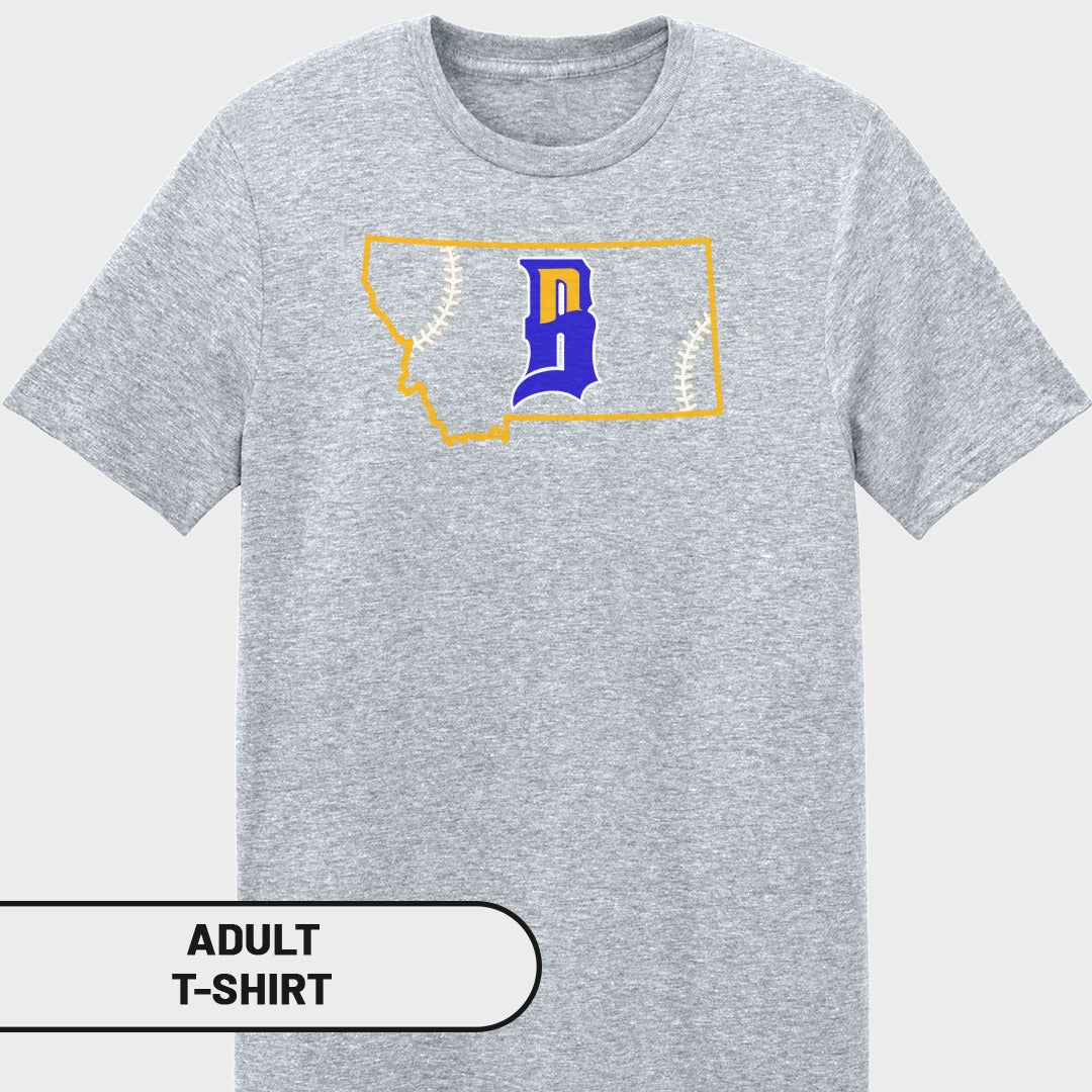 Grey t-shirt with outline of Montana and a blue and yellow 'D' logo.