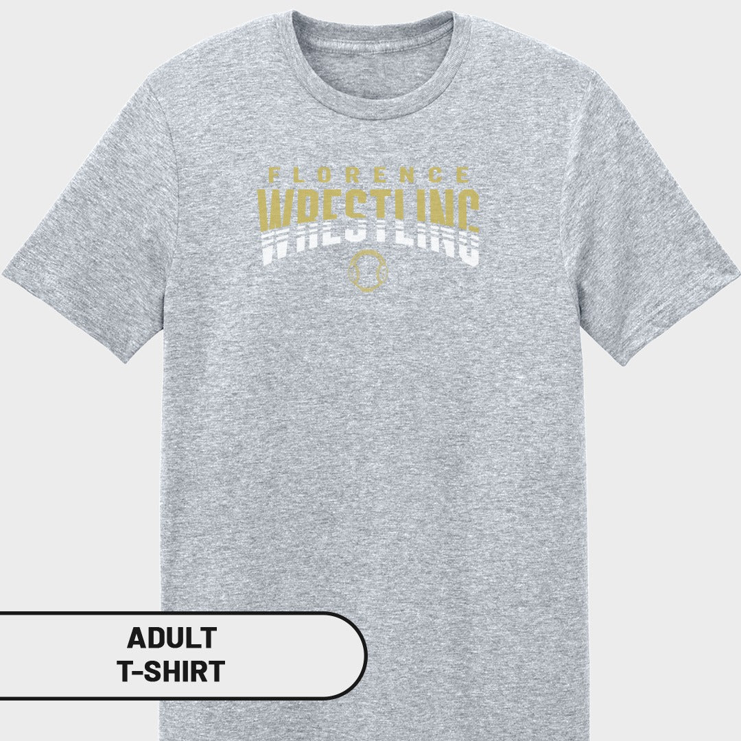 Grey adult t-shirt with "Florence Wrestling" text and graphic.