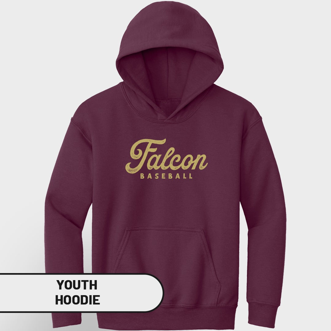 Maroon youth hoodie with "Falcon Baseball" text in gold.