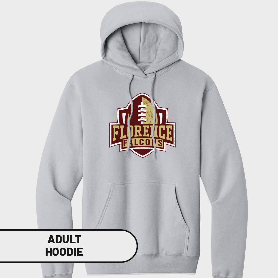 Light gray adult hoodie with a distressed Florence Falcons football logo.