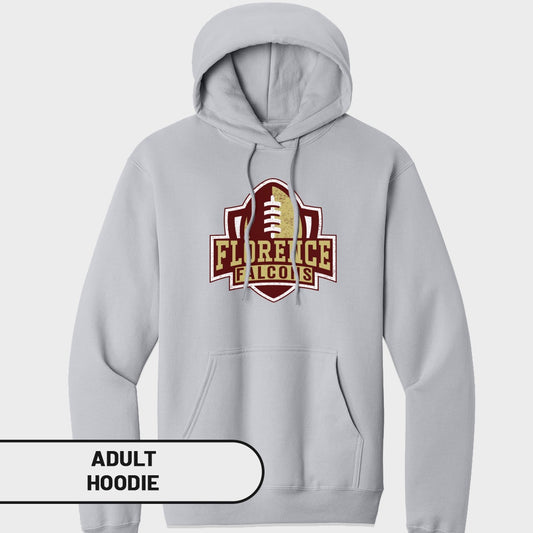 Light gray adult hoodie with a distressed Florence Falcons football logo.