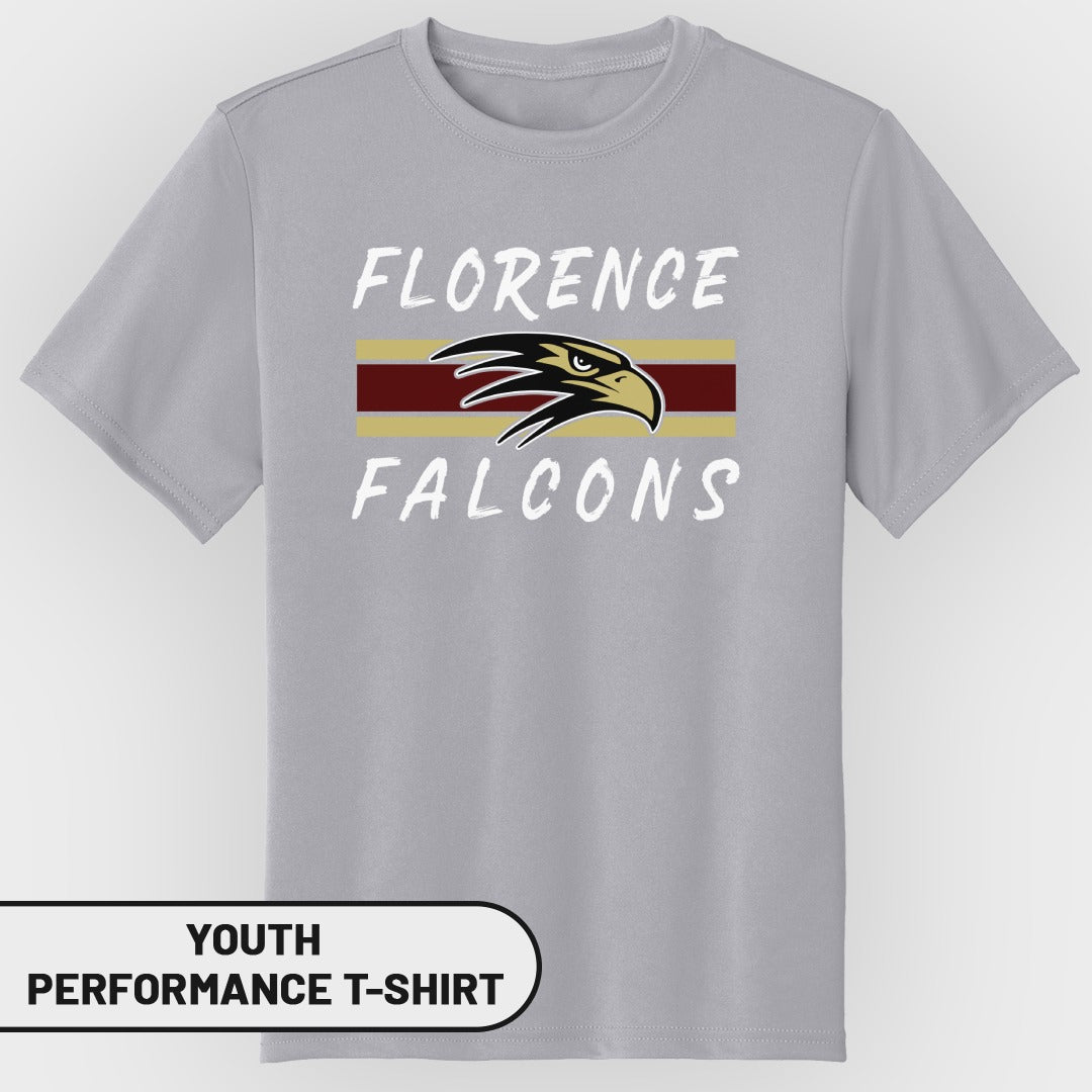 Gray youth performance t-shirt with Florence Falcons logo and text.