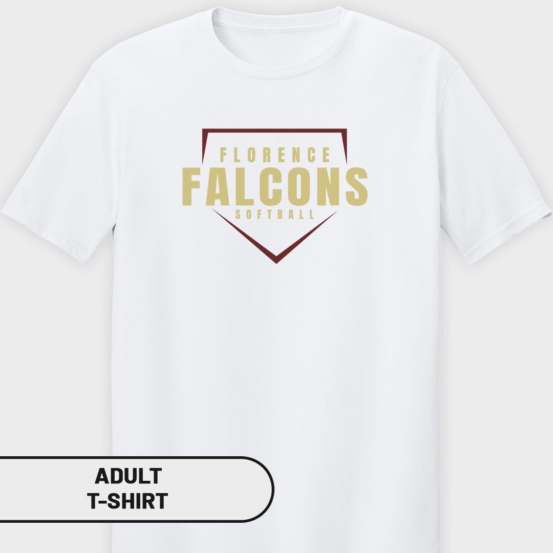 White adult t-shirt with Florence Falcons Softball logo on chest
