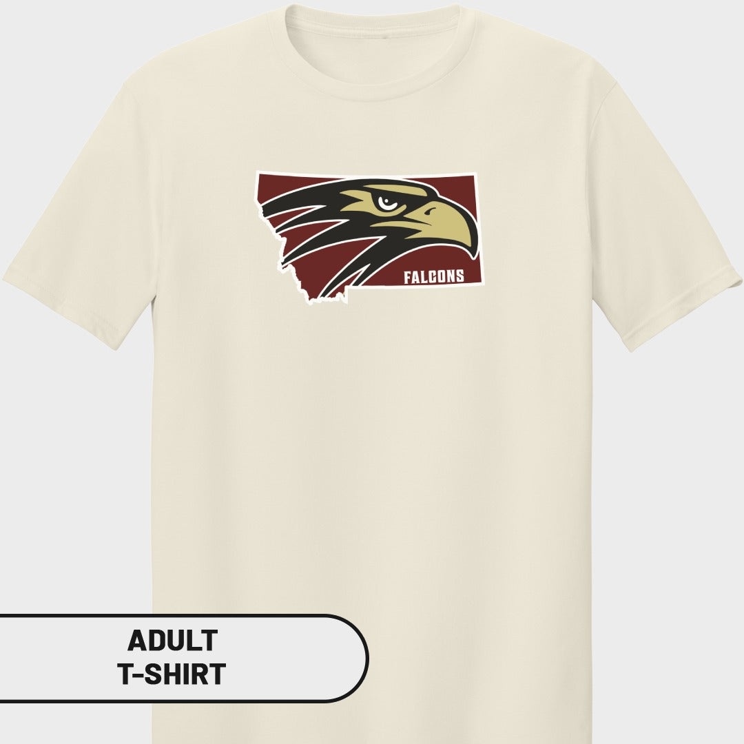 Cream t-shirt with Montana map outline featuring a falcon logo and "FALCONS" text.