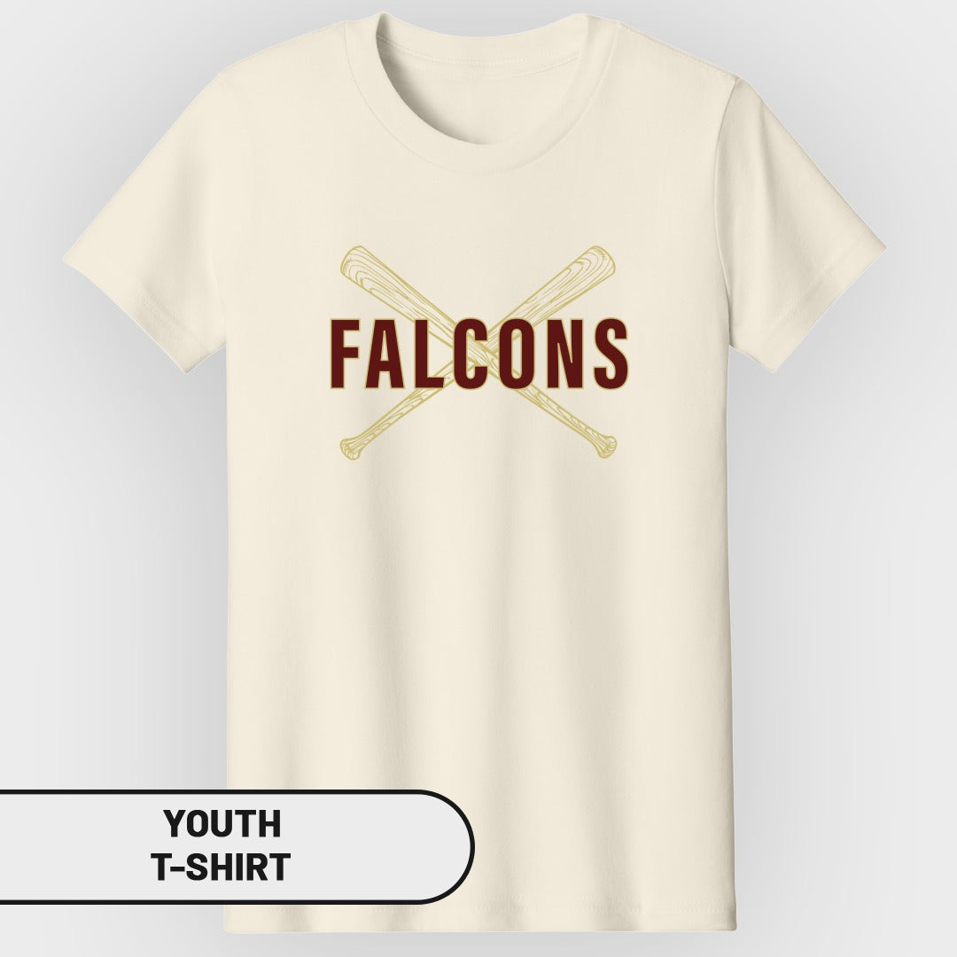Cream youth t-shirt with crossed baseball bats and "FALCONS" text.