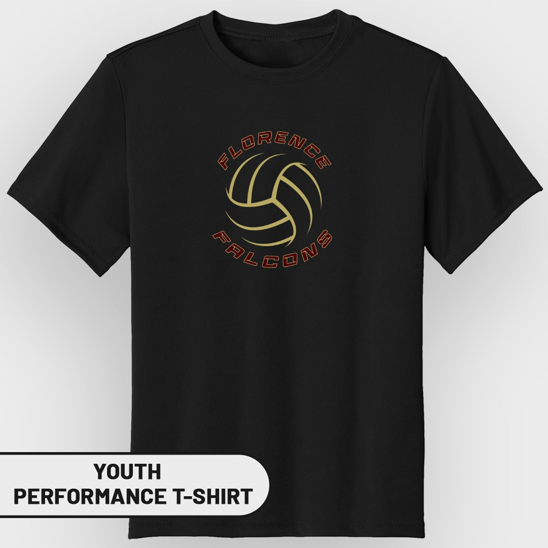 Youth black t-shirt with Florence Falcons volleyball logo and text.