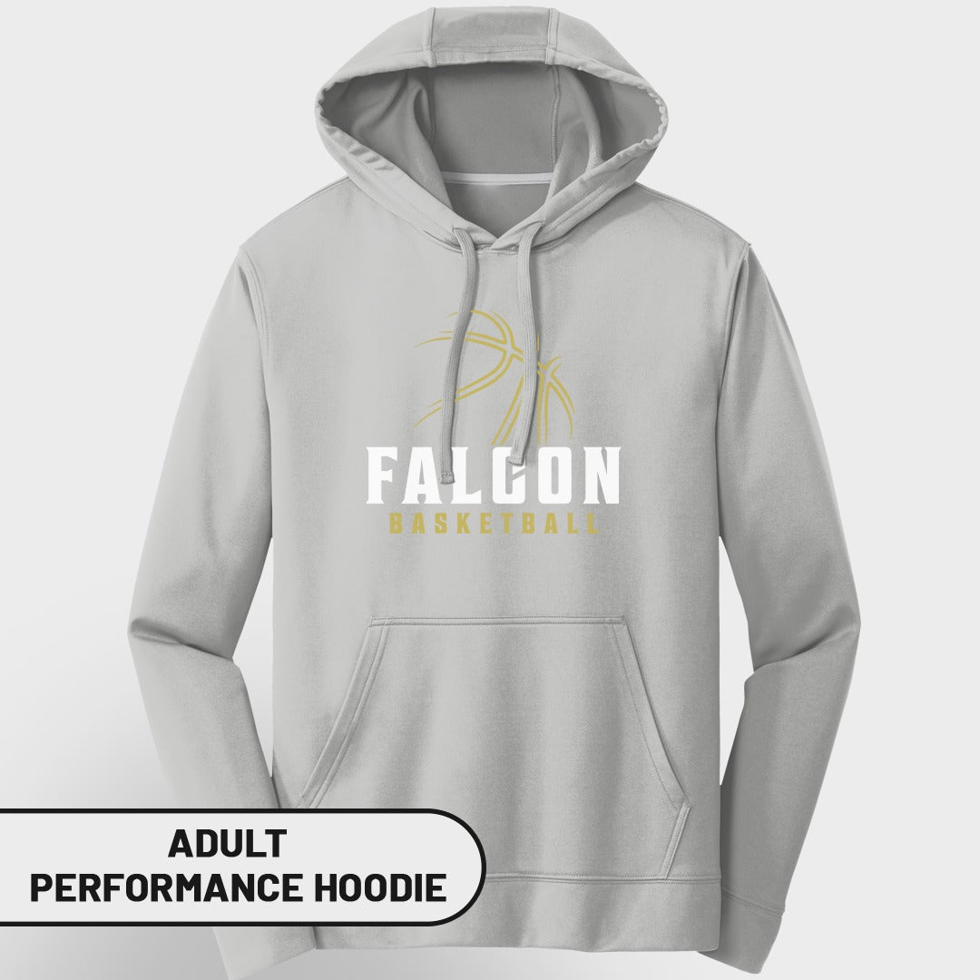 Light grey adult performance hoodie with Falcon Basketball graphic.