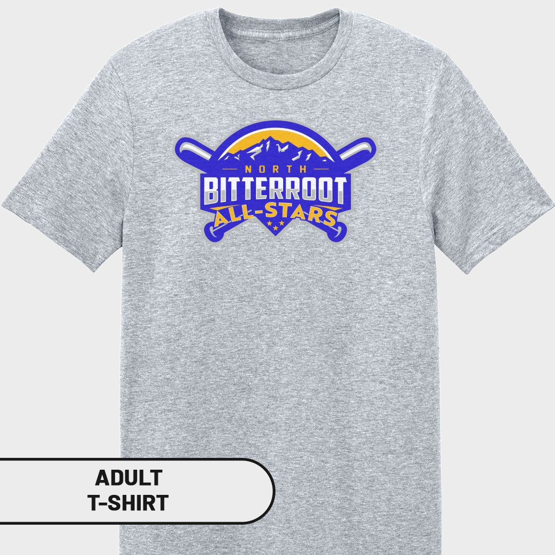 Adult gray t-shirt with "NORTH BITTERROOT ALL-STARS" logo.