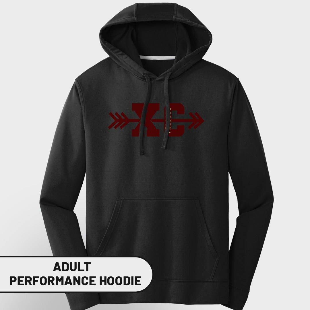 Black adult performance hoodie with a maroon XC logo and directional arrows.