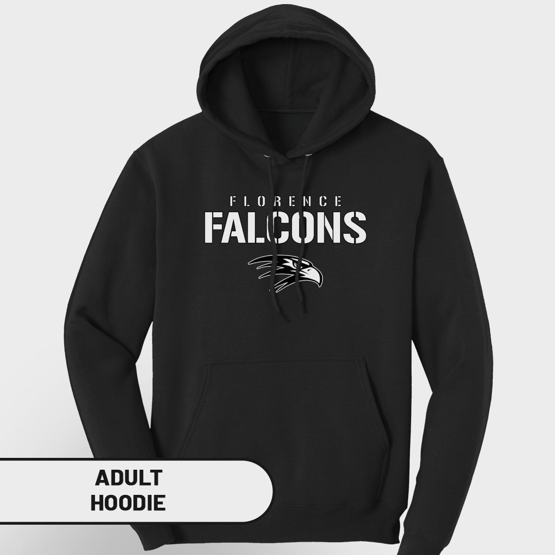 Black adult hoodie with "Florence Falcons" text and falcon logo.