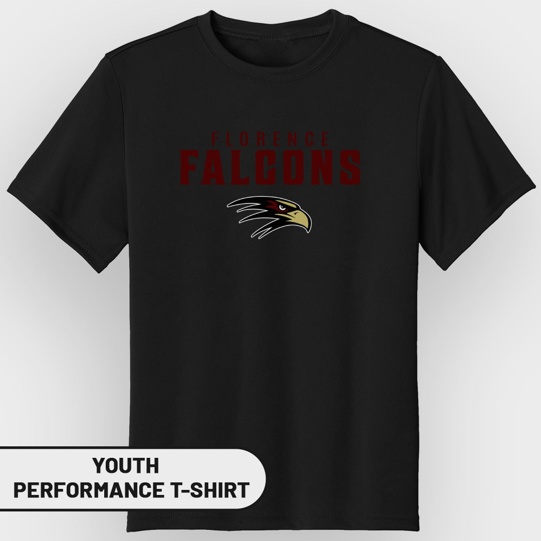 Black youth performance t-shirt with "Florence Falcons" text and eagle logo.