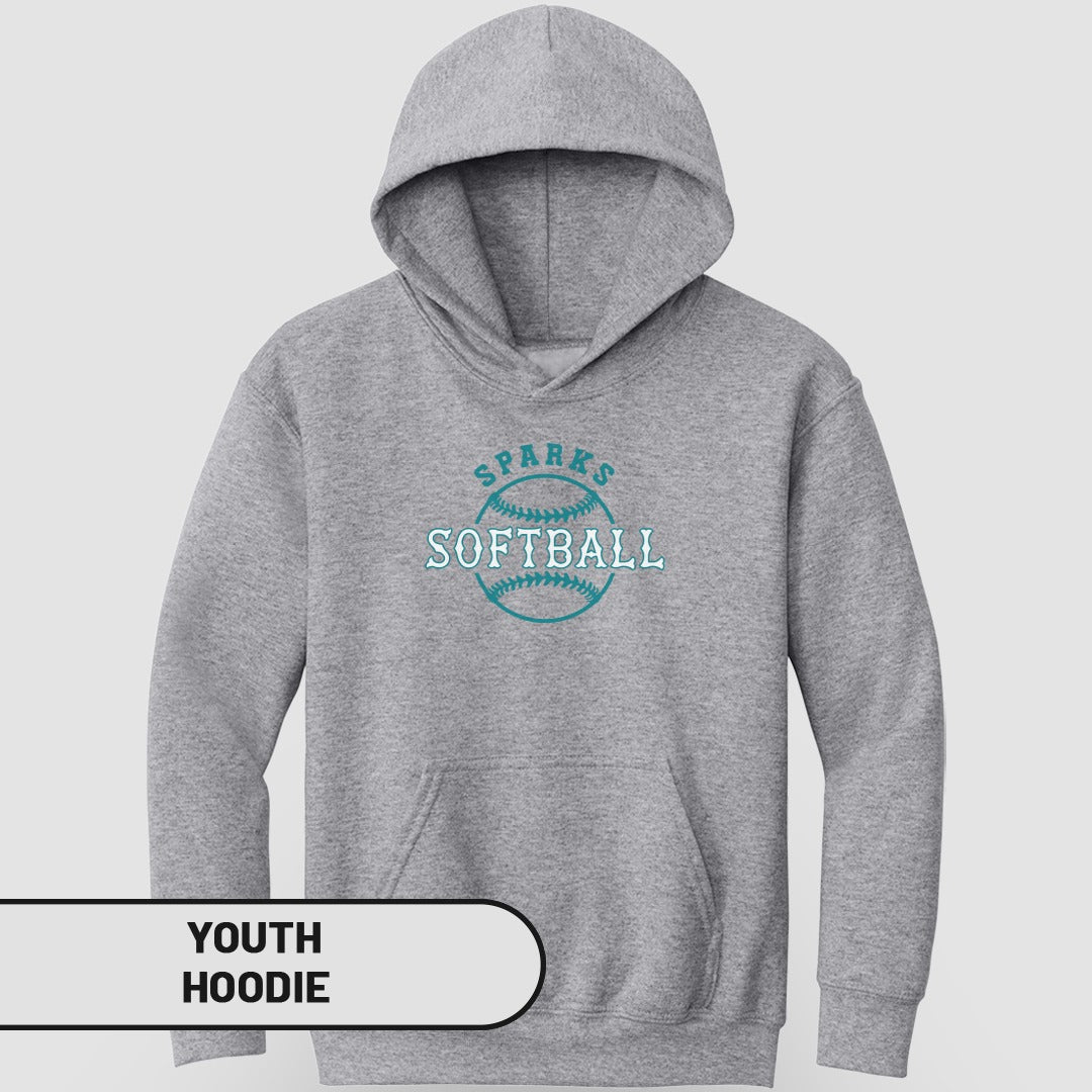 Youth grey hoodie with "Sparks Softball" logo featuring a baseball.