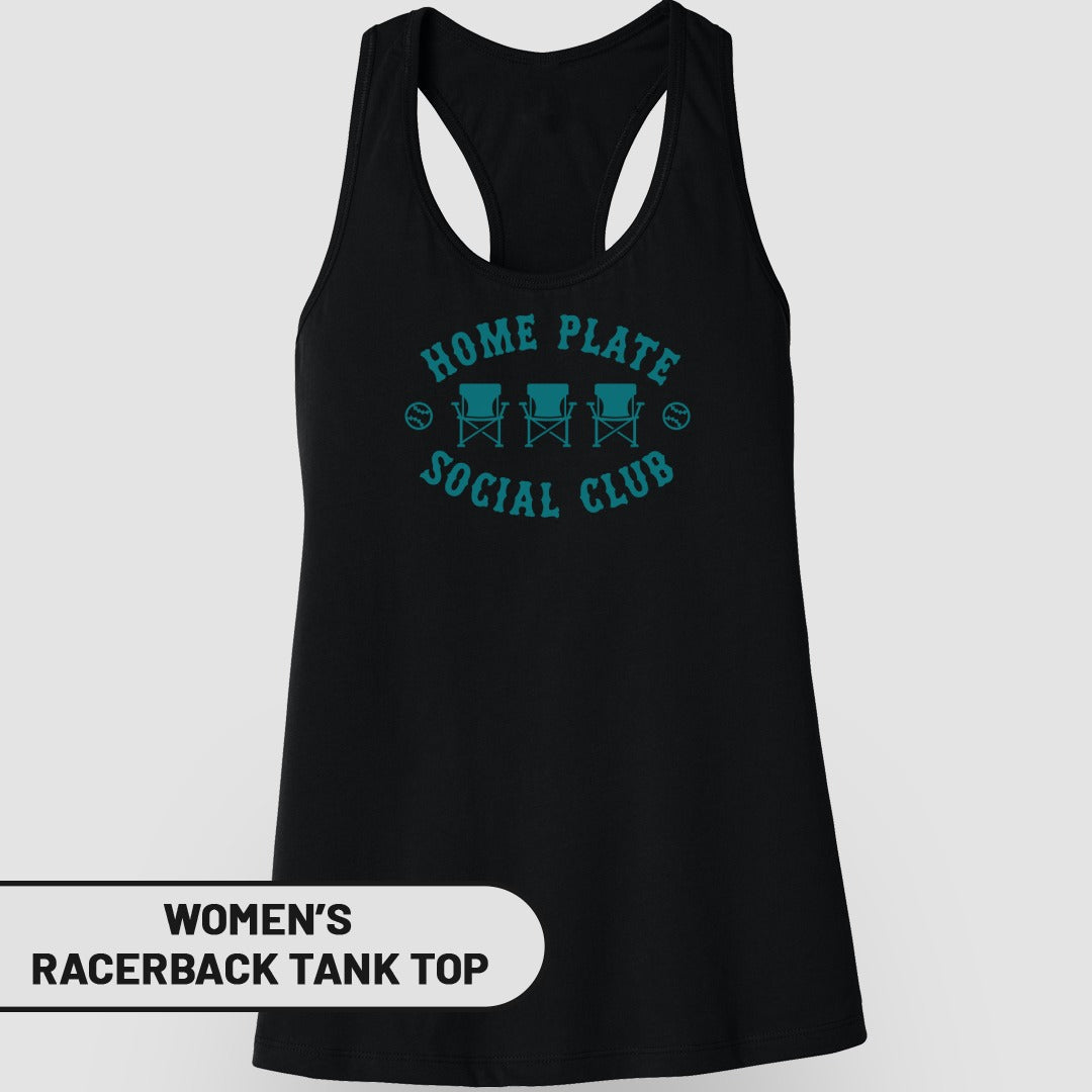 Black women's racerback tank top with "Home Plate Social Club" graphic.