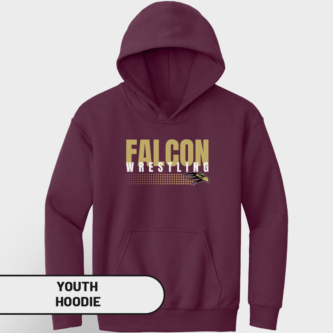 Maroon youth hoodie with "FALCON WRESTLING" text and falcon logo.