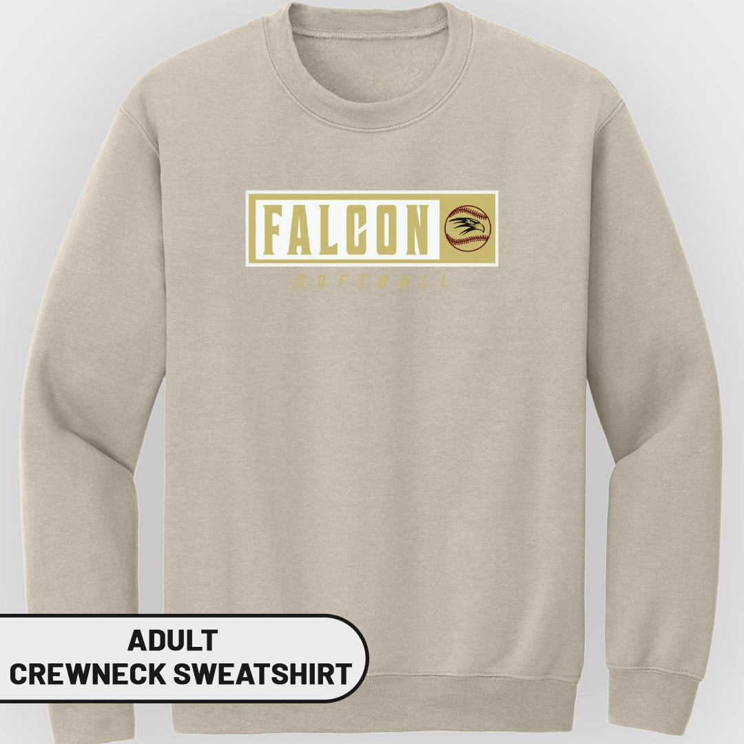 Adult tan crewneck sweatshirt with "FALCON SOFTBALL" text and logo.