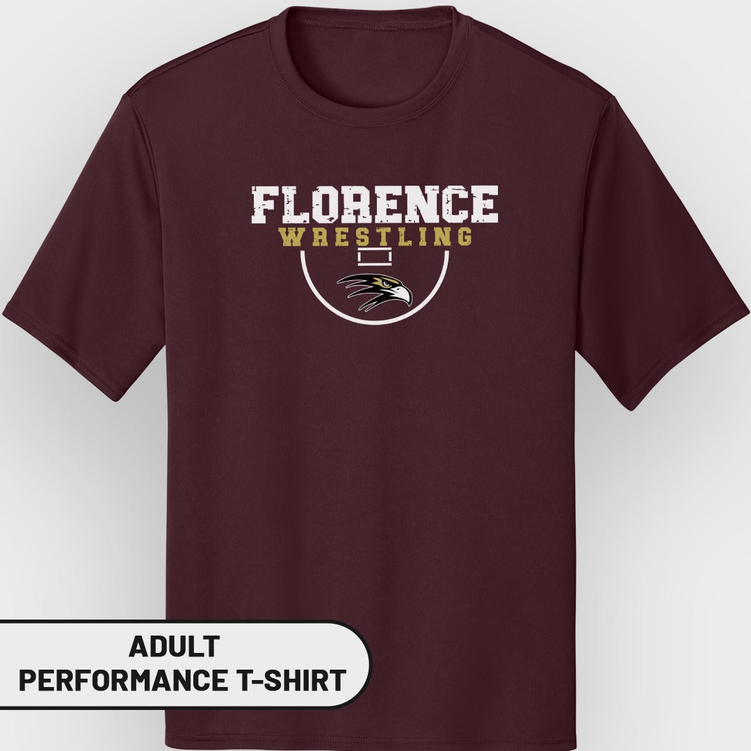 Maroon adult performance t-shirt with "Florence Wrestling" and an eagle graphic.