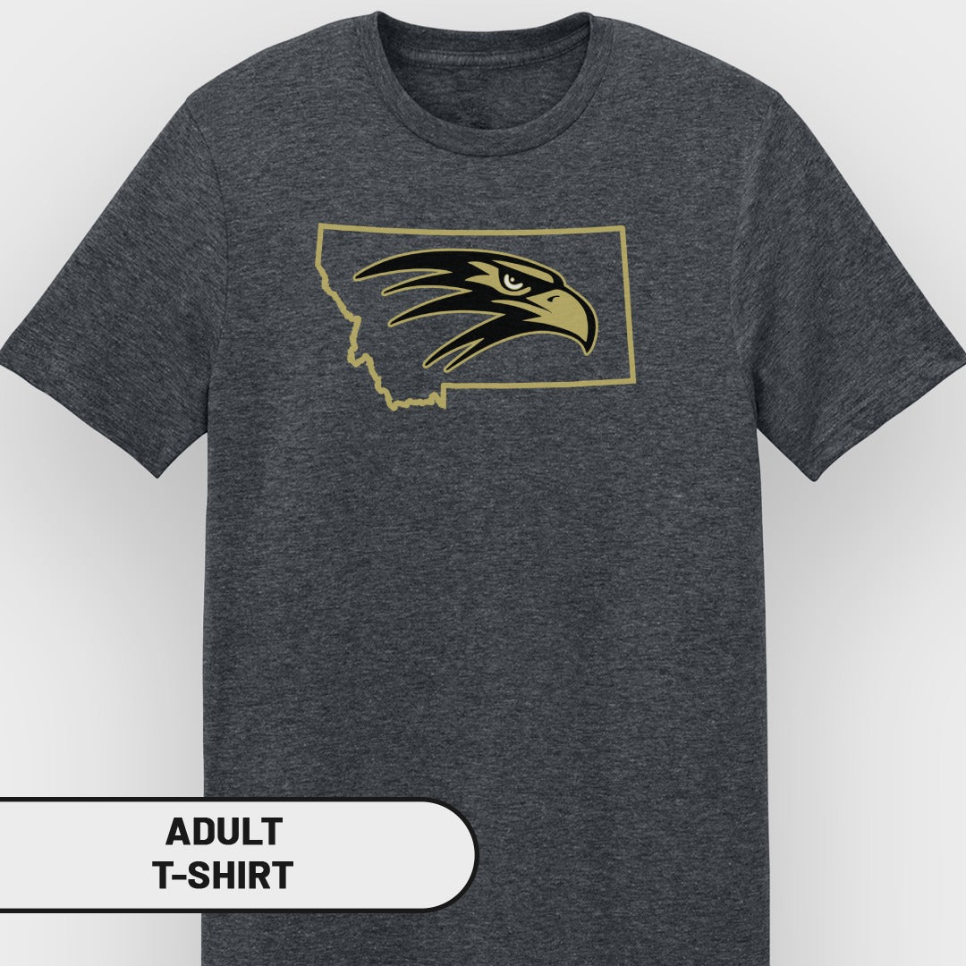 Dark grey t-shirt with Montana outline and eagle head graphic.