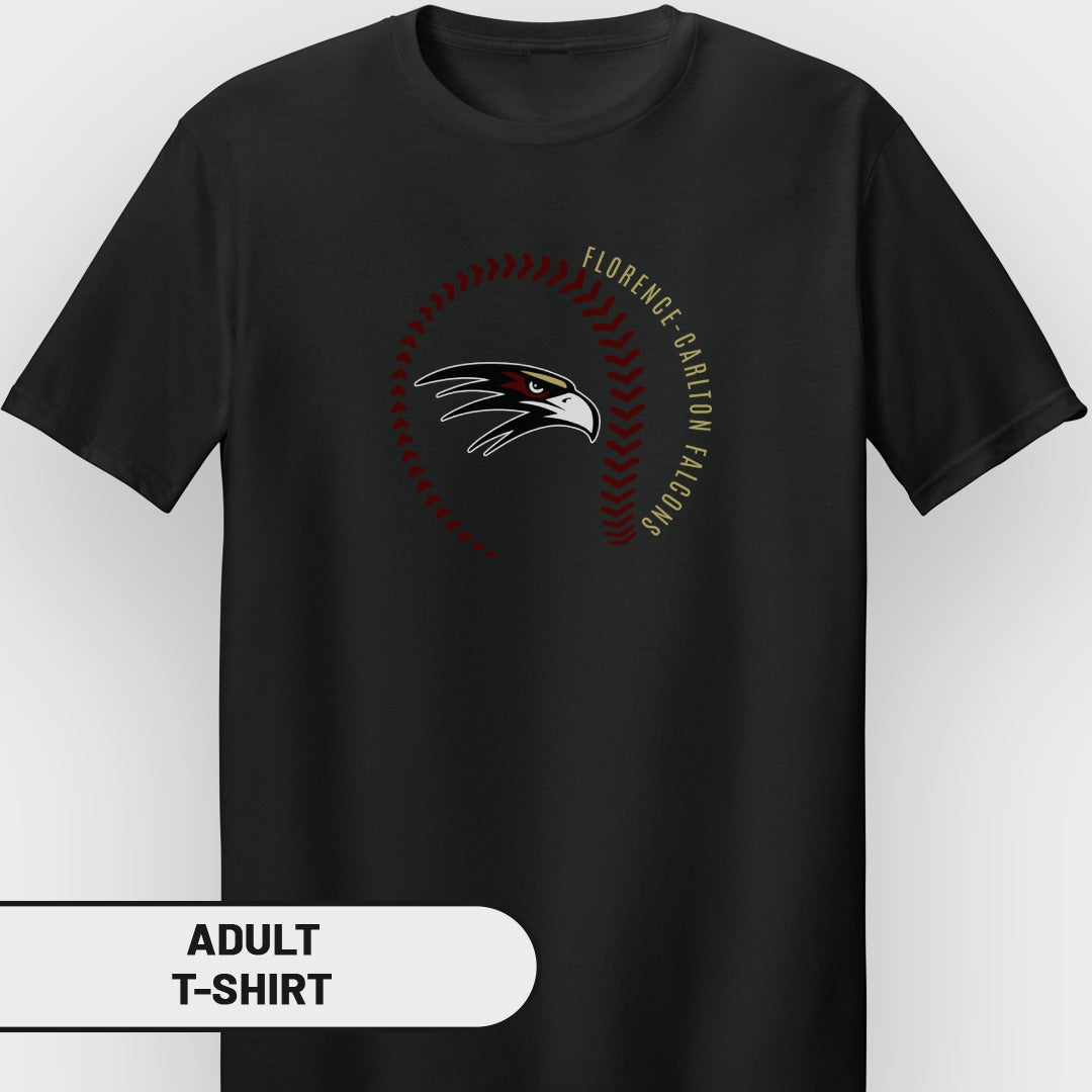 Black t-shirt with a baseball stitch design and an eagle logo for Florence-Carlton Falcons.
