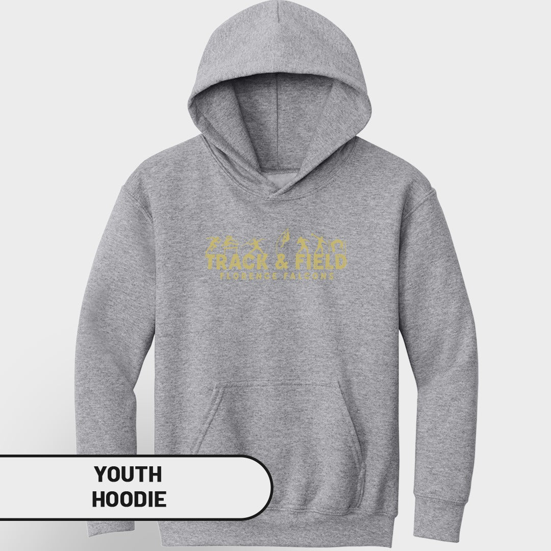 Gray youth hoodie with yellow "TRACK & FIELD" text and graphic designs.