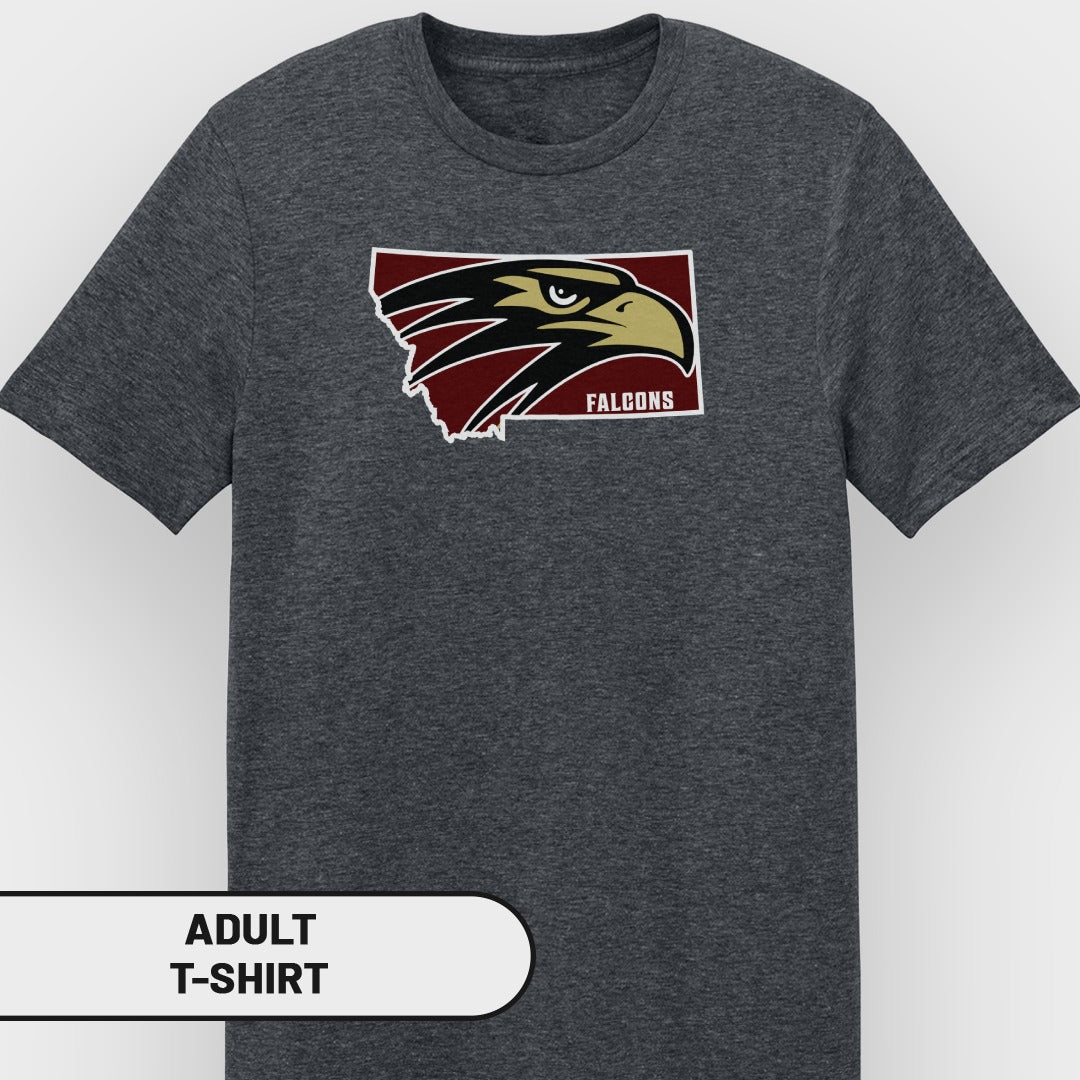 Dark gray t-shirt with a Montana outline featuring a falcon head and "Falcons" text.