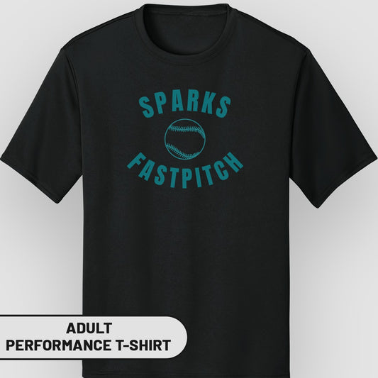 Black adult performance t-shirt with "Sparks Fastpitch" teal lettering and baseball graphic.