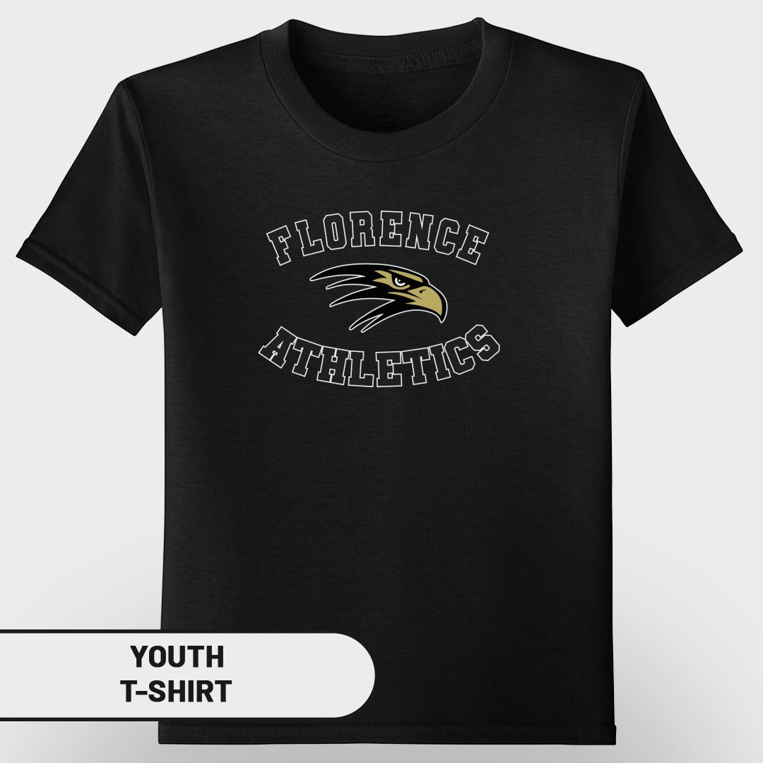 Black youth t-shirt with "FLORENCE ATHLETICS" text and eagle graphic.